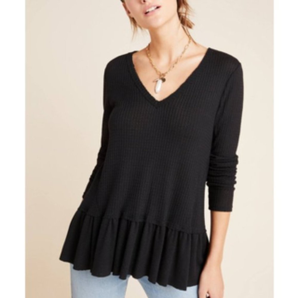 Eri + Ali Tallie Thermal Peplum Top Black Sz XS